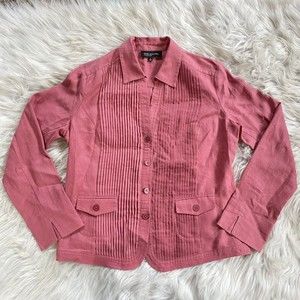 Jones New York Linen Button Up Jacket Pintuck Front Coral Orange